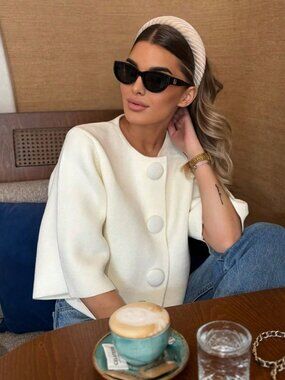 Beige Casual Women's Knitted Short Sleeve button down Cardigan